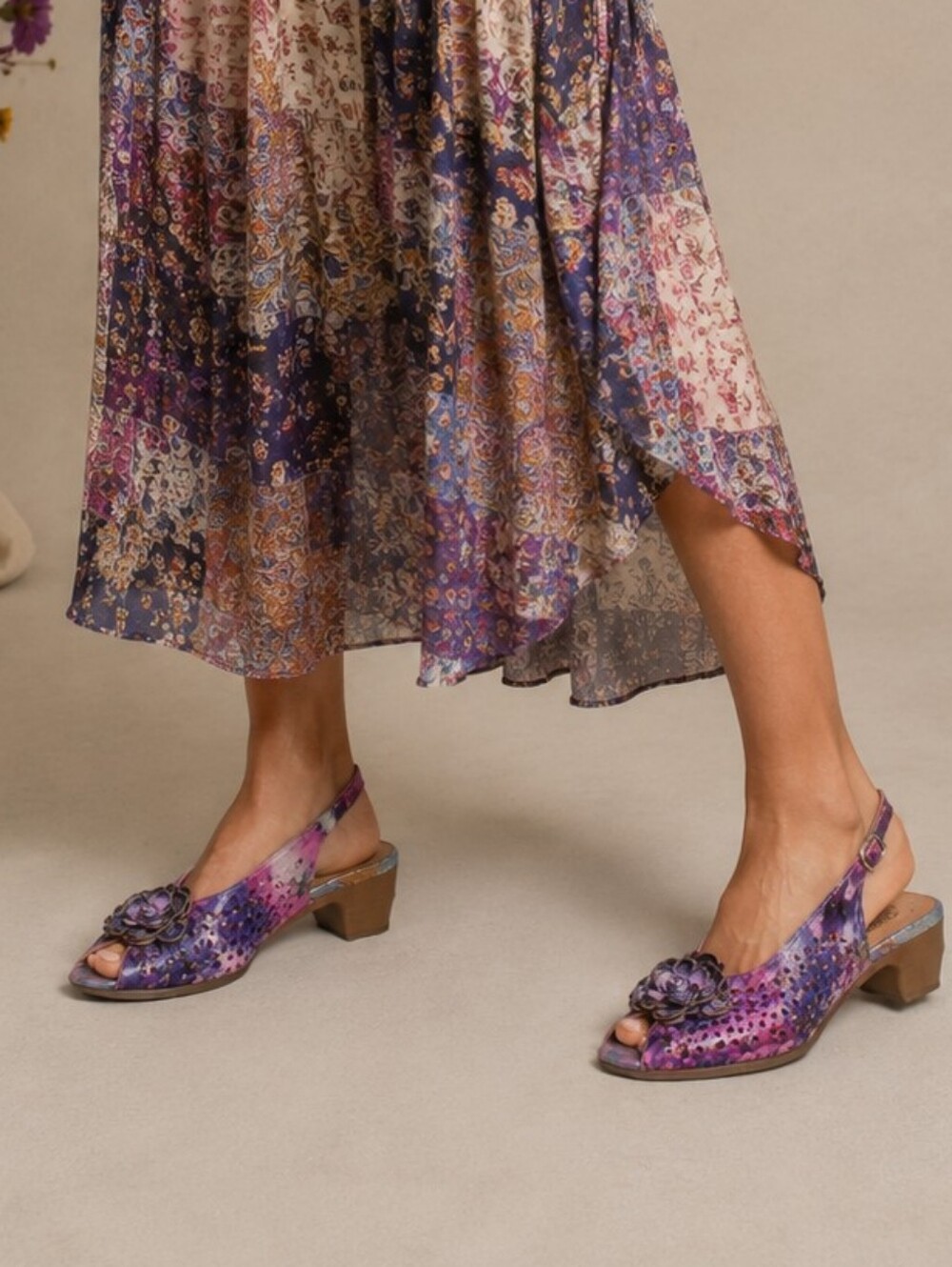 Art-to-Wear Floral Leather Slingback Heels – Eclectic Boho Artisan Style, 11 - Picture 2 of 15